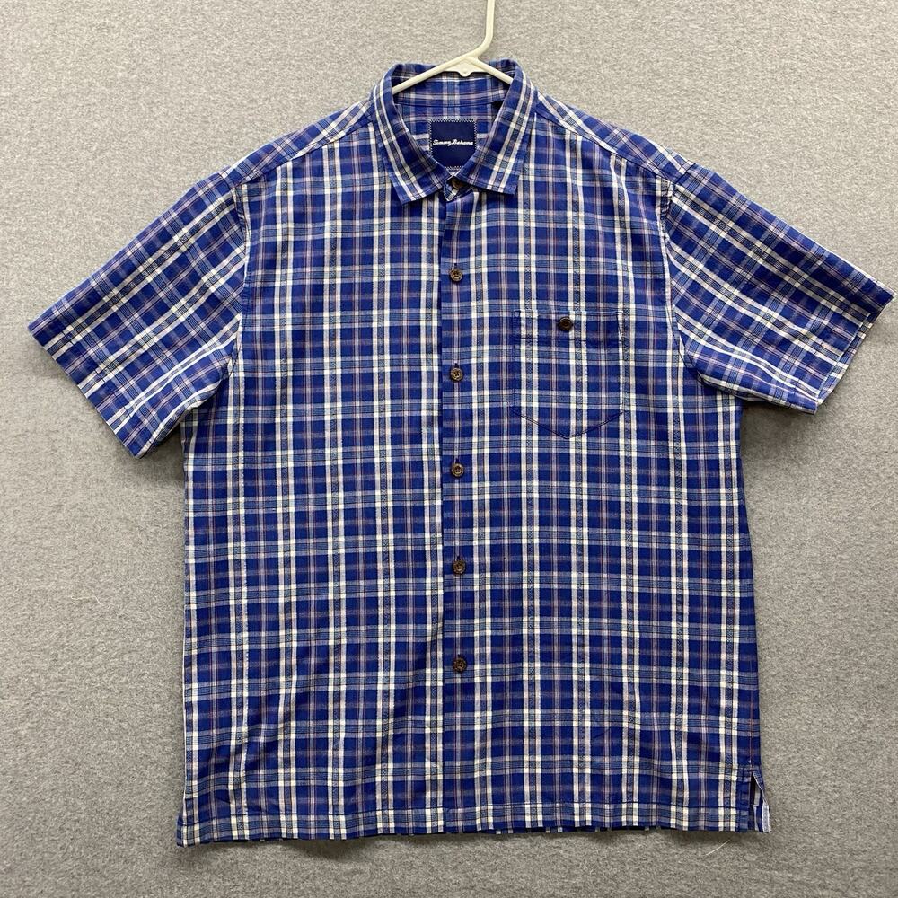 Tommy Bahama Silk Blend Blue Plaid Short Sleeve Island Zone Camp Shirt Men’s L